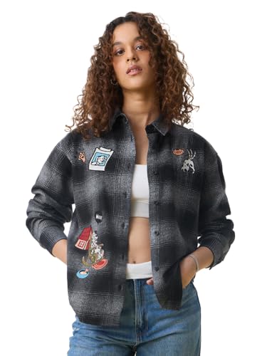 The Souled Store Pets Stories: Dalmations Women and Girls Full Sleeves Collared Black Plaid Cotton Oversized Fit Breathable Comfortable Buttoned Shirt