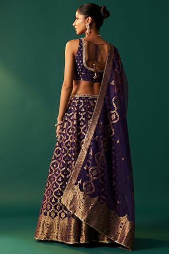 Wishful Women's Purple Zari Embroidered Jacquard Blouse with Flared Skirt and Dupatta Set (SP13158-314521-L)