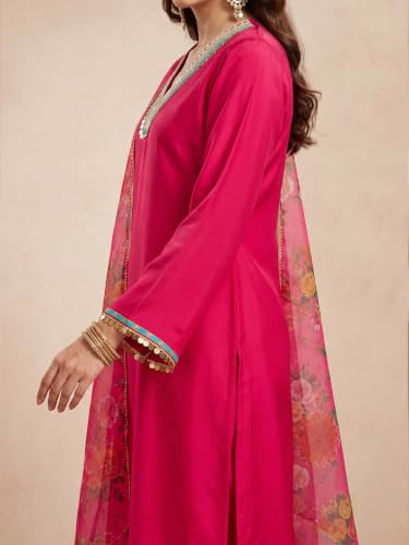 Varanga Women Red Kurta Trousers Set V Neck Silk Blend Zari