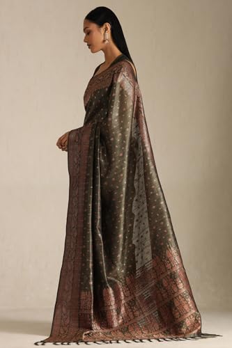Soch Womens Olive Tussar Woven Design Saree