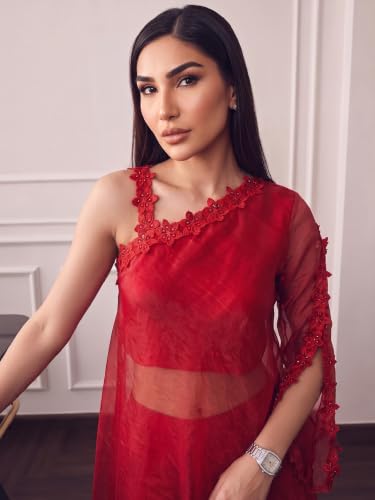 Varanga Women Ombre Red A Line Kurta Palazzos Set One Shoulder Sleeveless