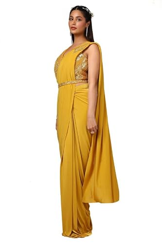 Soch Womens Mustard Nylon Blend Sequin Ready-To-Wear Saree With Belt