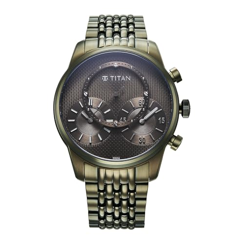 Titan Micromotors Analog with Independent Hour, Minute and Second Sub-Dial and Olive Dial Olive Stainless Steel Strap Watch for Men - 90179QM01