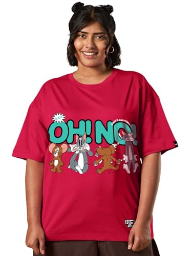 Bewakoof Official Tom & Jerry Merchandise Women Graphic Print Oversized Fit Half Sleeve Round Neck Cotton Jersey Plus Size Tshirt_654543_Red_6XL