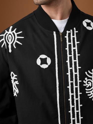 The Souled Store Linen Jacket: Aztec Men and Boys Full Sleeves Band Collar Black Embroidered Cotton Linen Oversized Fit Lightweight Everyday Bomber Jacket