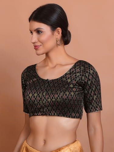 S SALWAR STUDIO Black Brocade Round Neck Readymade Blouse