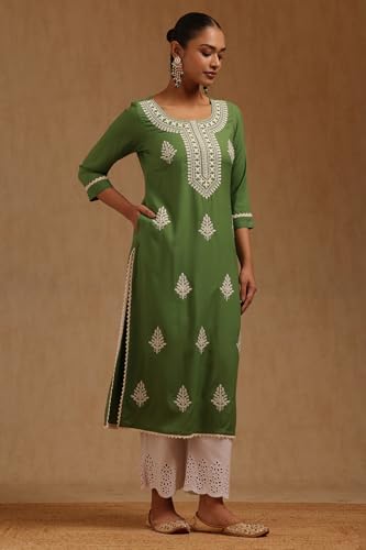 Soch Womens Green Rayon Chikankari Embroidered Kurta