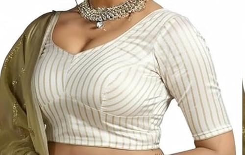 PU Fashion Stylish Latest Katori Design Golden Foil Printed Blouse Stretchable Readymade Saree Blouses for Women Trendy Blouse Special for Festival White Size 34" -, Half Sleeve