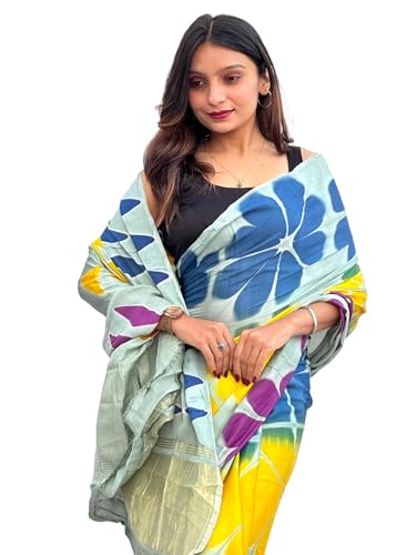 Prijam Handloom Calap Daing Modal Silk Saree, Floral Print, Blue Yellow Purple Pattern, Gold Border (multi 1)