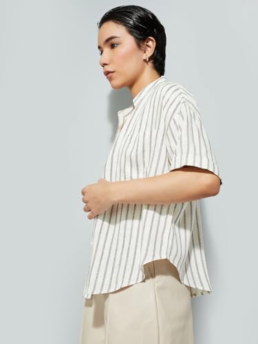 Max URB_N Women Embroidered Striped Oversized Shirt (Ivory_L)