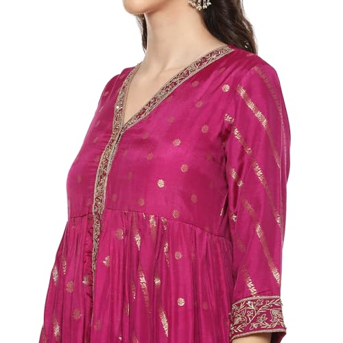 BIBA WOMEN YARNDYED ANARKALI SALWAR KURTA DUPATTA(SKDTHE GOLD8966_MEGANTA_34)