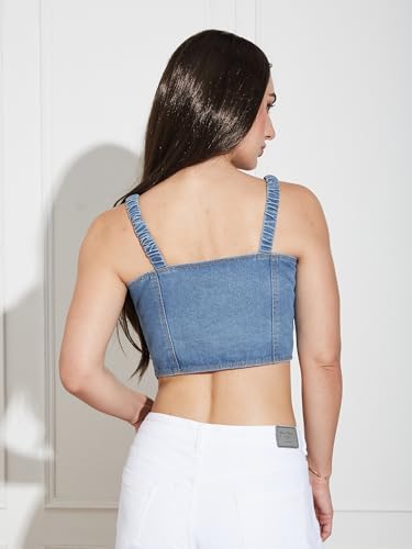Miss Chase Womens V Neck Elasticated Straps Sleeve Waistcoat-Styled Cropped Denim Top (MCAW24DEN03-36-303-04, Mid Blue, M)