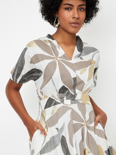 Women Printed A-Line Dress,Off White,XS