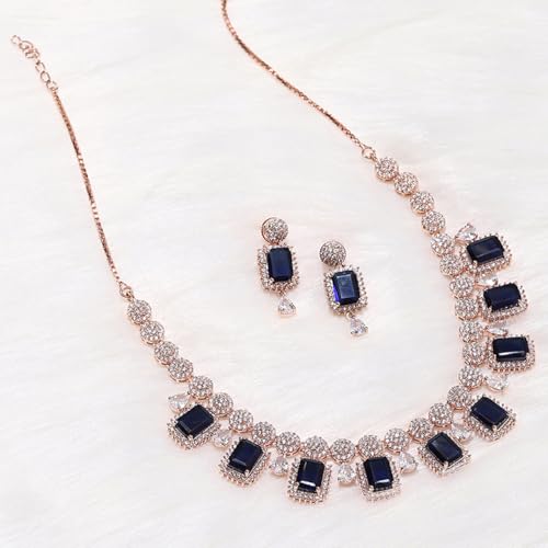 VOYLLA Blue stones rose gold necklace set