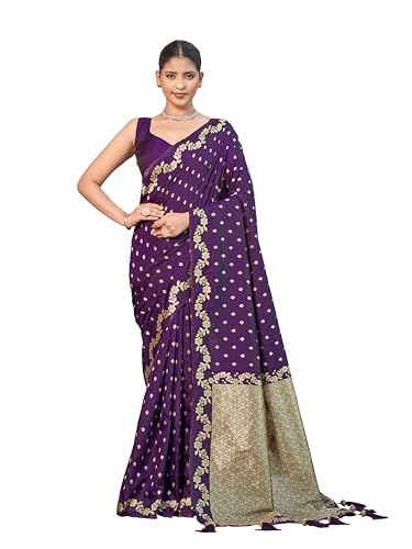 MANOHARI Women's Most Trendy Banarasi Satin Silk Woven Dark Purple Saree With Heavy Jacquard Work Saree With Blouse Piece_MN2061