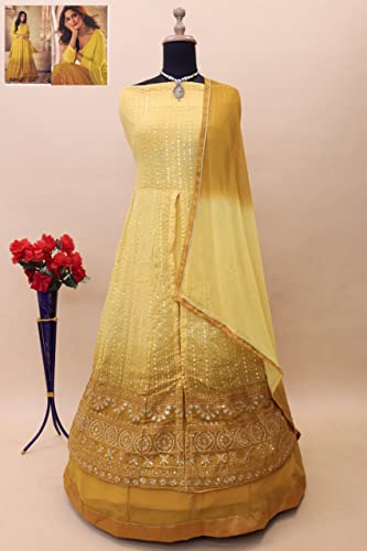 RUDRAPRAYAG Anarkali Georgette and Santoon Maxi Gown for Women | Semi-Stitched Long Anarkali Gown | Gown in Clothing & Accessories (Mustard)