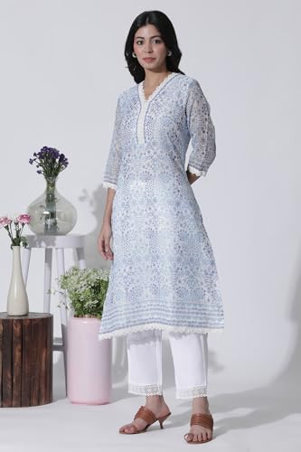 W for Woman White & Blue Floral Printed Kota Kurta, Pants and Brasso Dupatta_24ONWS10519-123919_M