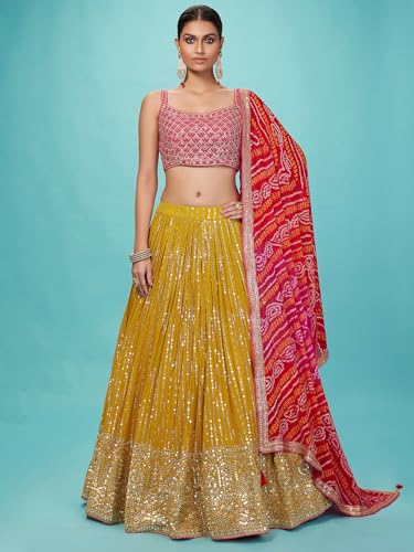 Zeel Clothing Women's Real Mirror Work Georgette New Semi Stitched Lehenga Choli With Dupatta (5077-Yellow-Pink-Fascinating-Designer-Lehenga-Choli; Free Size)