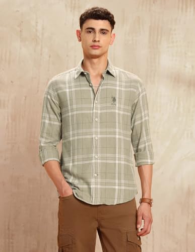 U.S. Polo Assn. Denim Co. Men's Checkered Slim Fit Shirt (UDSHT1964_Khaki