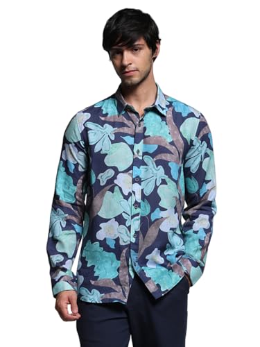 Jack & Jones Men Floral Print Slim Fit Blue Shirt