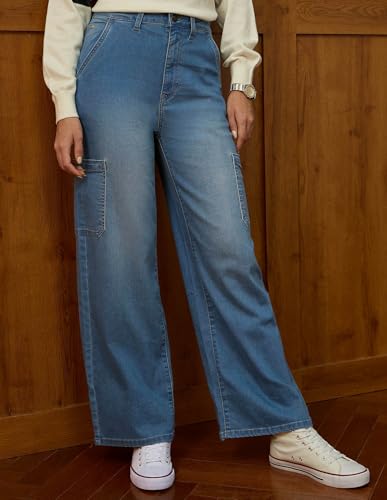 U.S. POLO ASSN. High Rise Wide Leg Cargo Jeans (UWAW25JEN374_Mid Blue Khaki Tint_32)