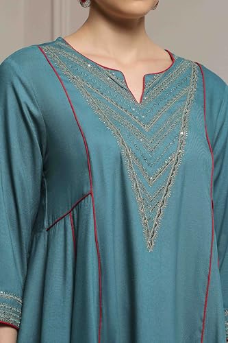 Biba Women Teal Green Viscose Rayon Straight Solid Suit Set_46