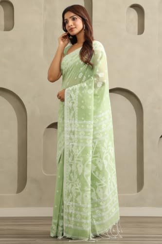 Soch Womens Light Green Cotton Jamdani Woven Saree