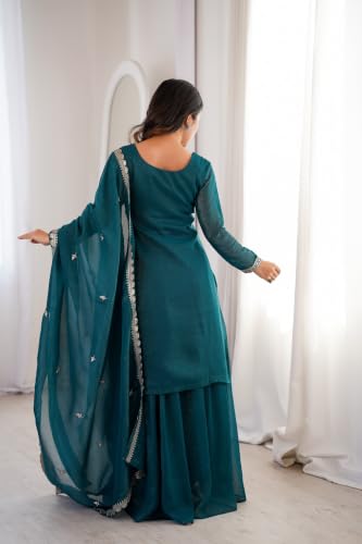 Leeli Peeri Designer Women's Crunchy Silk Embroidery Kurta Sharara Set With Dupatta.