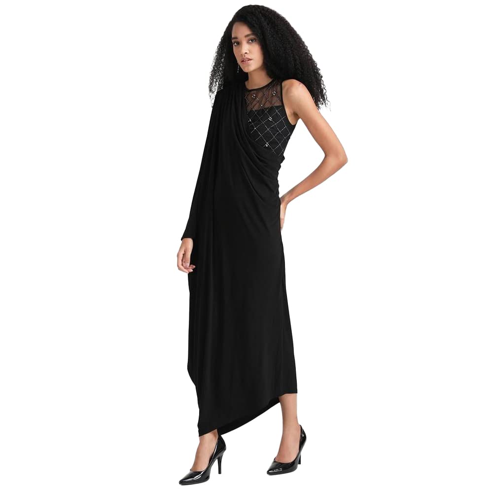 Kazo Embellished Polyester Blend Round Neck Women's Maxi Dress (Black,Medium)