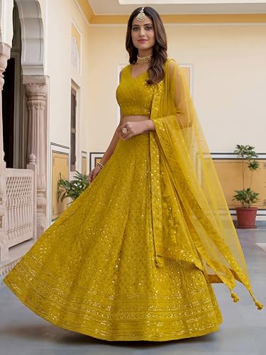 Zeel Clothing Women's Sequins Thread Embroidered Georgette Lehenga Choli With Dupatta (5124-Yellow-Women-New-Lehenga-Choli; Free size) (Yellow)