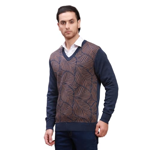 Colorplus Men's Tailored Fit Wool Blend Full Sleeve V Neck Jacquard Pattern Dark Blue Casual Sweater (Size: M)-CMWA03205-B6