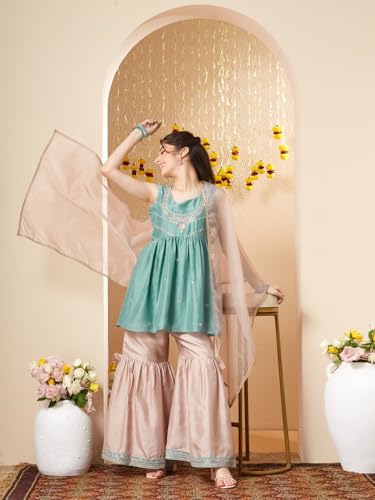 CURLY TALES ALPHA Embroidered Light Blue Kurti Sharara Set with Dupatta for Girls | Round Neck Ethnic Set for Birthday and Festive Parties