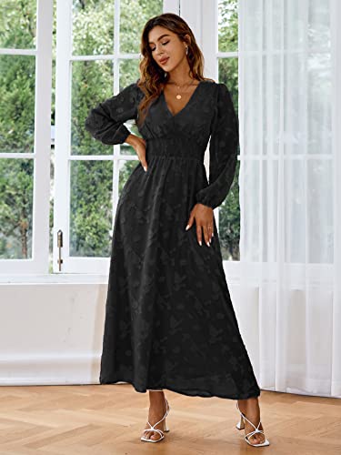 Simplee Women's Bridesmaid Wedding Guest Formal Maxi Dress Boho Floral Flowy Long Dress V Neck Long Sleeve Ruffle Dress, 1#black, Medium