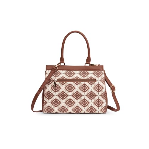 Caprese Shibori Medium Satchel Bag for Women | Printed Faux Leather Shoulder Bag with Adjustable & Detachable Strap | Multi-Compartments | Zipper Closure | Everyday Office, Travel & Casual Use (Brown)