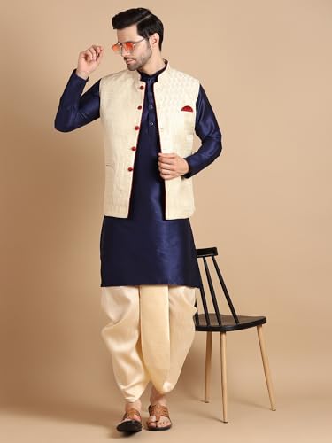 Uri and MacKenzie Men Kurta Dhoti with Waistcoat Jacket Blue Golden