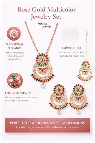 Silver Tone Traditional Necklace Set with Earrings & Maang Tikka for Women | Wedding, Festive and Ethnic Indian Jewellery Set (Multicolor - 2)
