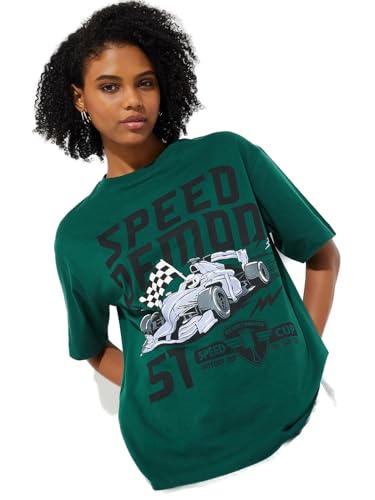 Max URB_N Women Printed Oversized T-Shirt (Green_L)