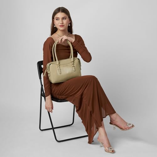 Caprese Macie Small Satchel Bag for Women | Solid Faux Leather Handbag with Adjustable & Detachable Strap | Stylish Shoulder Bag with Zipper Closure | Everyday Office, Travel & Casual (Alpine Oat)