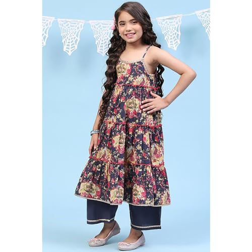 BIBA Girls Rayon Tiered Printed Suit Set (KW5027EAW22BLU_Blue