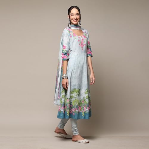 BIBA Women's Powder Blue Cotton Anarkali Kurta Churidar Suit Set_40