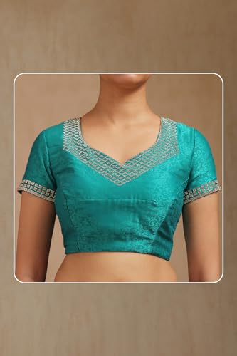 Soch Womens Teal Green Fendy Georgette Woven Design Saree With Stone Work