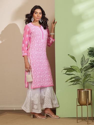 Ada Hand Embroidered Indian Chikankari Women's Faux Georgette Kurti Kurta A411221 (L_Pink), Pink, L