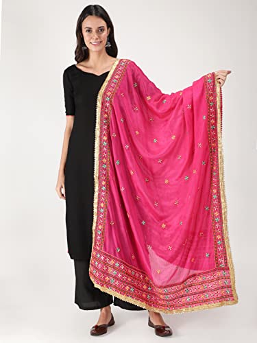 Zamour Women's Embroidered Chiffon Dupatta (304_Pink_Free Size).