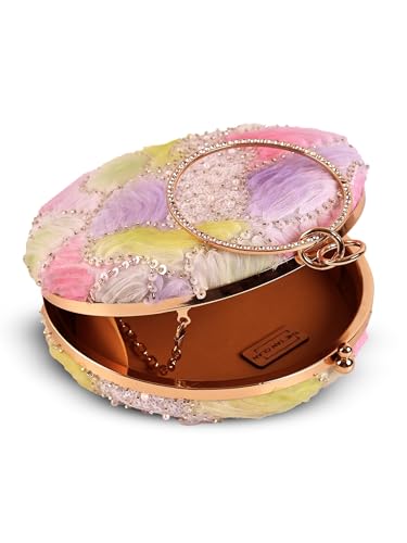 THE TAN CLAN Tide Pink floral embroidered clutch purse women stylish for bridal handbag round designer clutch bag for women wedding party ethnic fancy with metal handle ladies purse