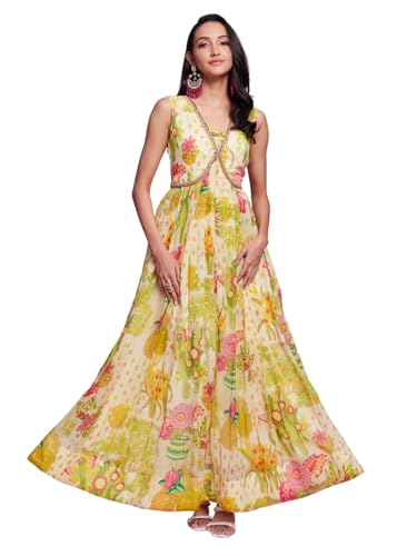 FUSIONIC Floral Print Anarkali Gown Cream