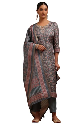 Soch Womens Grey Tussar Floral Print Suit Set With Zari