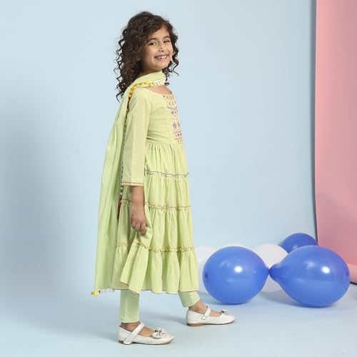 BIBA Girls Pastel Green Tiered Cotton Solid Kurta suit set