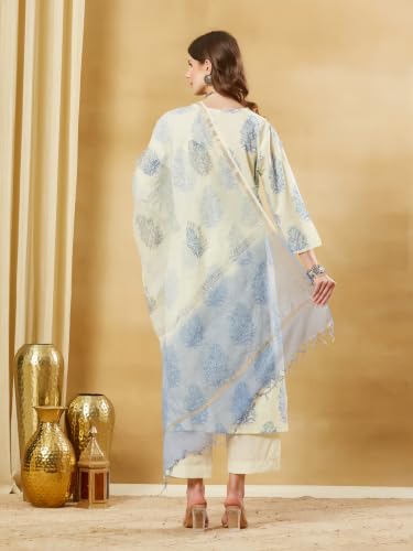 Divena Blue Floral Cotton Round Neck Kurta Sets with Dupatta