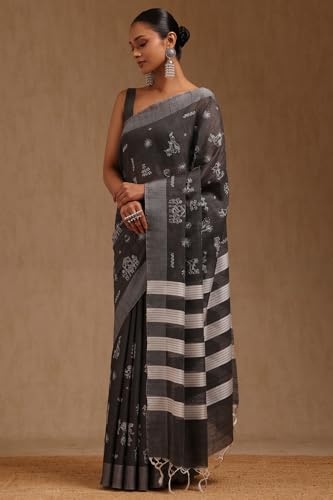 Soch Womens Charcoal Chanderi Warli Print Saree With Thread Work