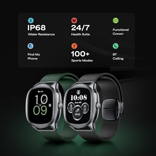 Titan EVOKE S Smartwatch with 1.7” AMOLED Display,1000 Nits, AI Watch Faces, Rotary Crown, AI Chat, Smart Glance, Flush strap Transition,Magnetic Precision Buckle,BT Calling, 24/7 Health Suite - Green